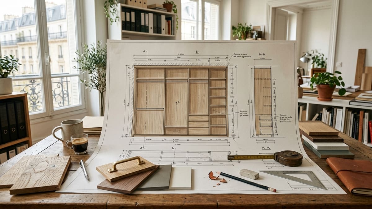 Plan détaillé d'un dressing sur mesure, avec des tiroirs et des penderies