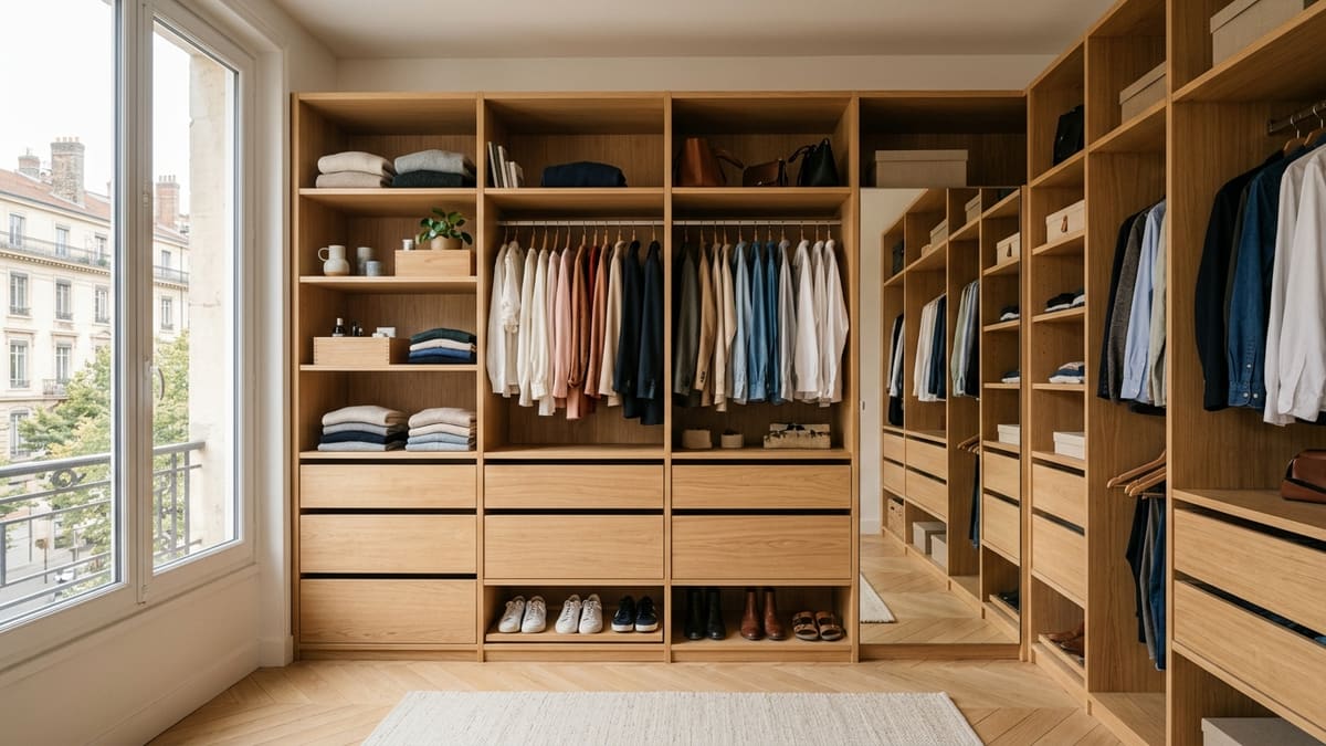 ALT FR — Intérieur de placard sur mesure avec rangements optimisés et tiroirs en bois clair